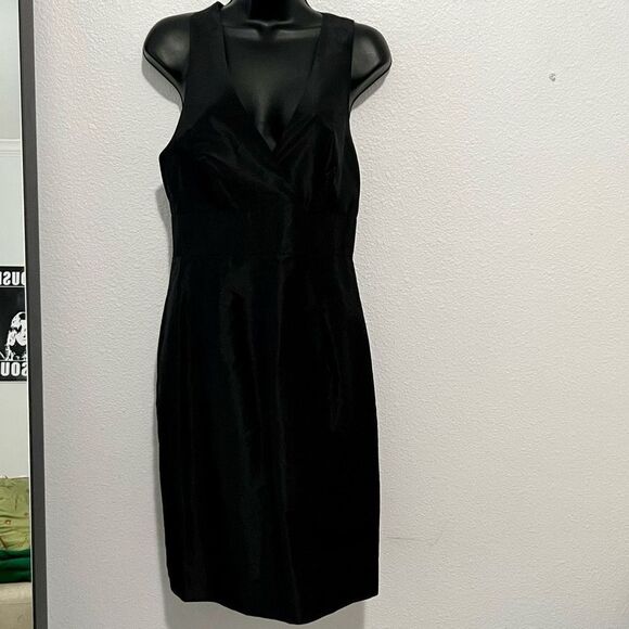J Crew Black Silk Faux Wrap BodiceV Neck Tank Criss Cross Back Sheath Dress 6 - Picture 1 of 11